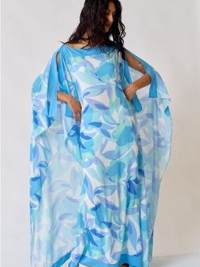 Blue Floral Print Chiffon Kaftan Swim Cover-Up